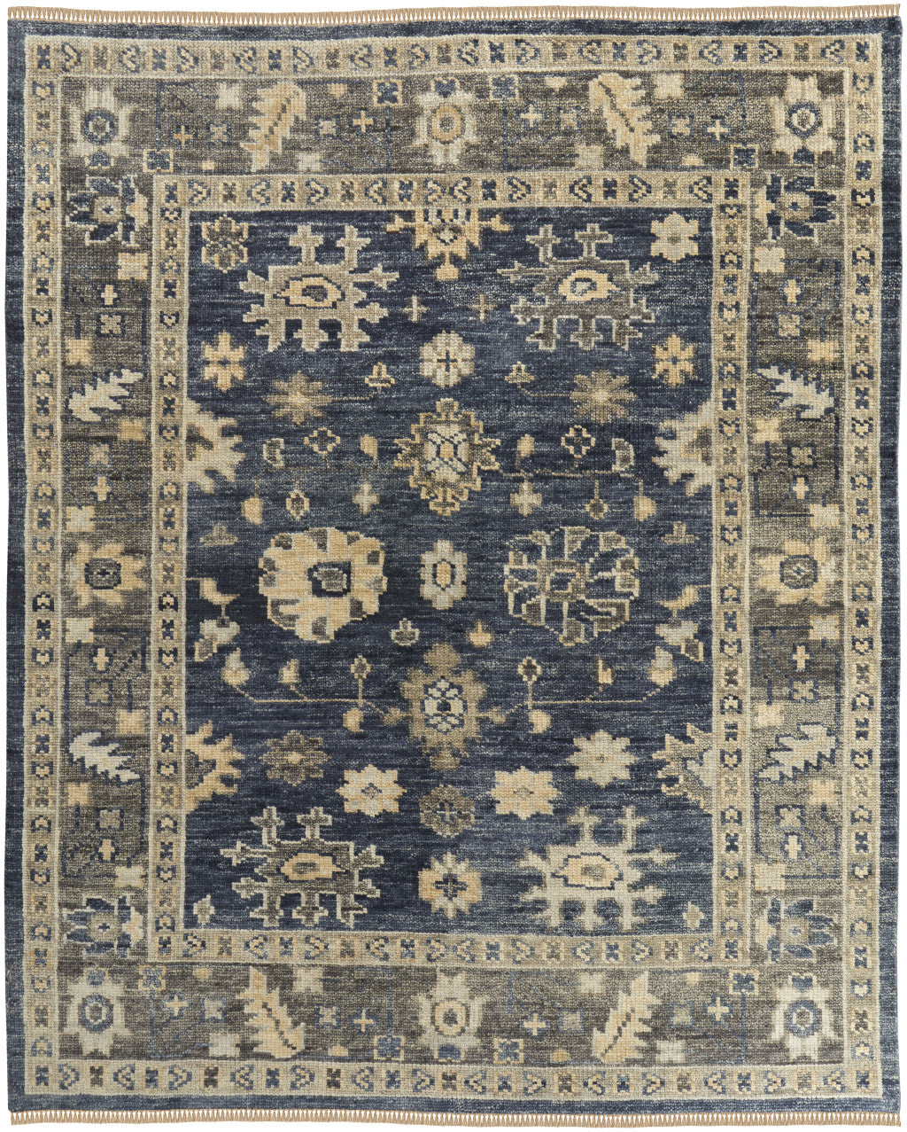8 x 10 Blue & Gray Wool Floral Hand Knotted Rug With Fringe