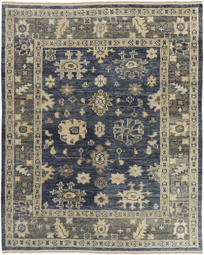 8 x 10 Blue & Gray Wool Floral Hand Knotted Rug With Fringe