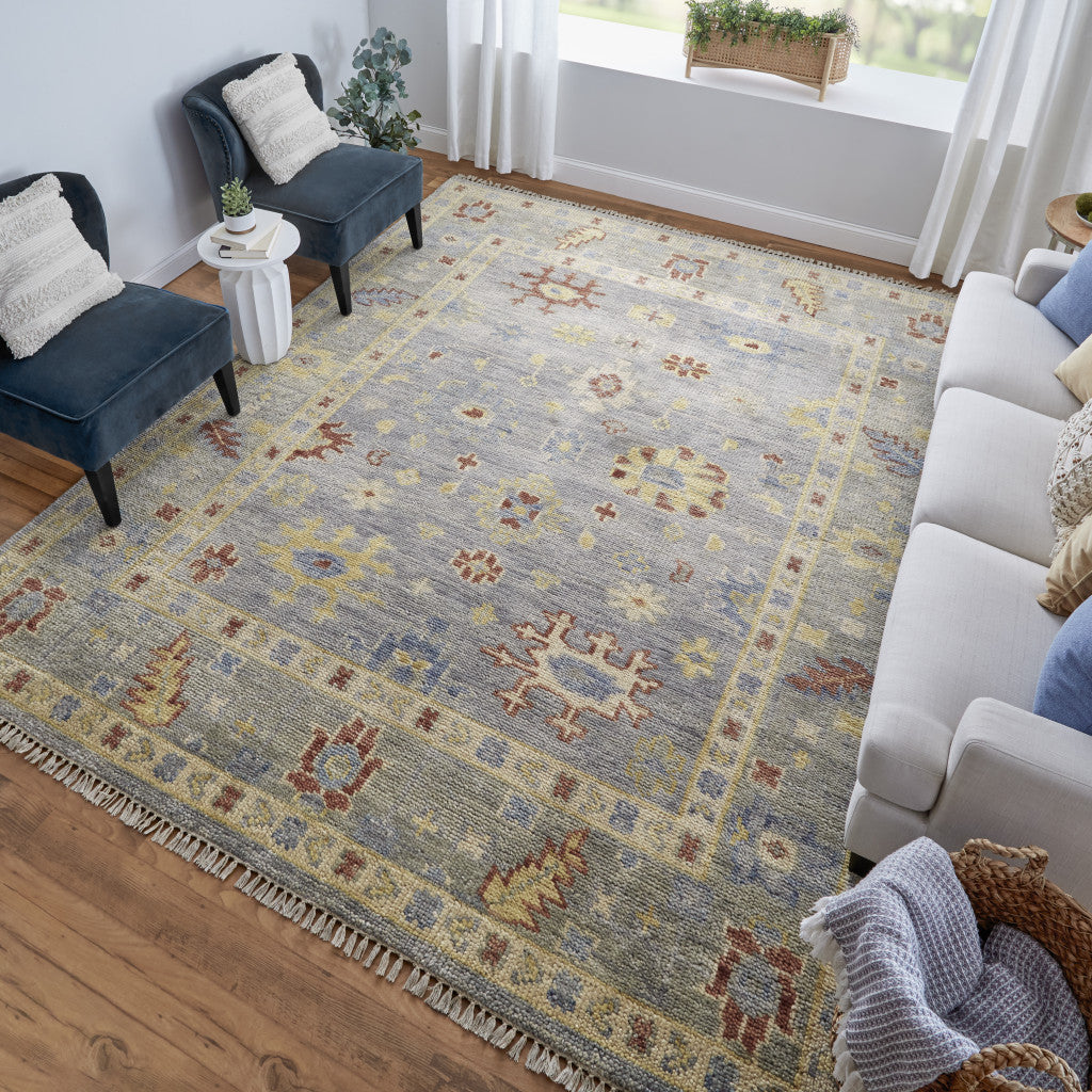 8 x 10 Blue & Gray Wool Floral Hand Knotted Rug With Fringe