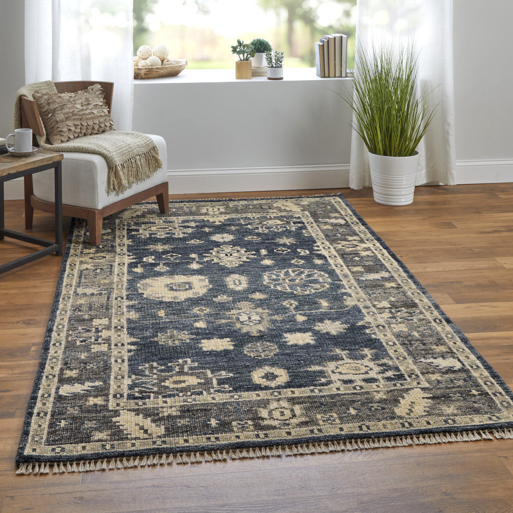 8 x 10 Blue & Gray Wool Floral Hand Knotted Rug With Fringe