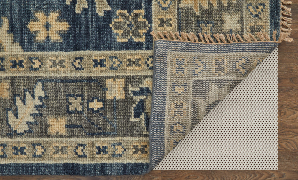 8 x 10 Blue & Gray Wool Floral Hand Knotted Rug With Fringe