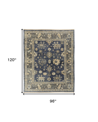 8 x 10 Blue & Gray Wool Floral Hand Knotted Rug With Fringe