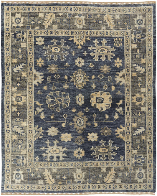 8 x 10 Blue & Gray Wool Floral Hand Knotted Rug With Fringe