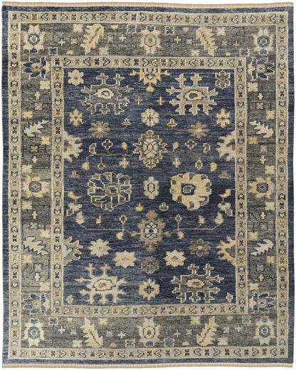 8 x 10 Blue & Gray Wool Floral Hand Knotted Rug With Fringe