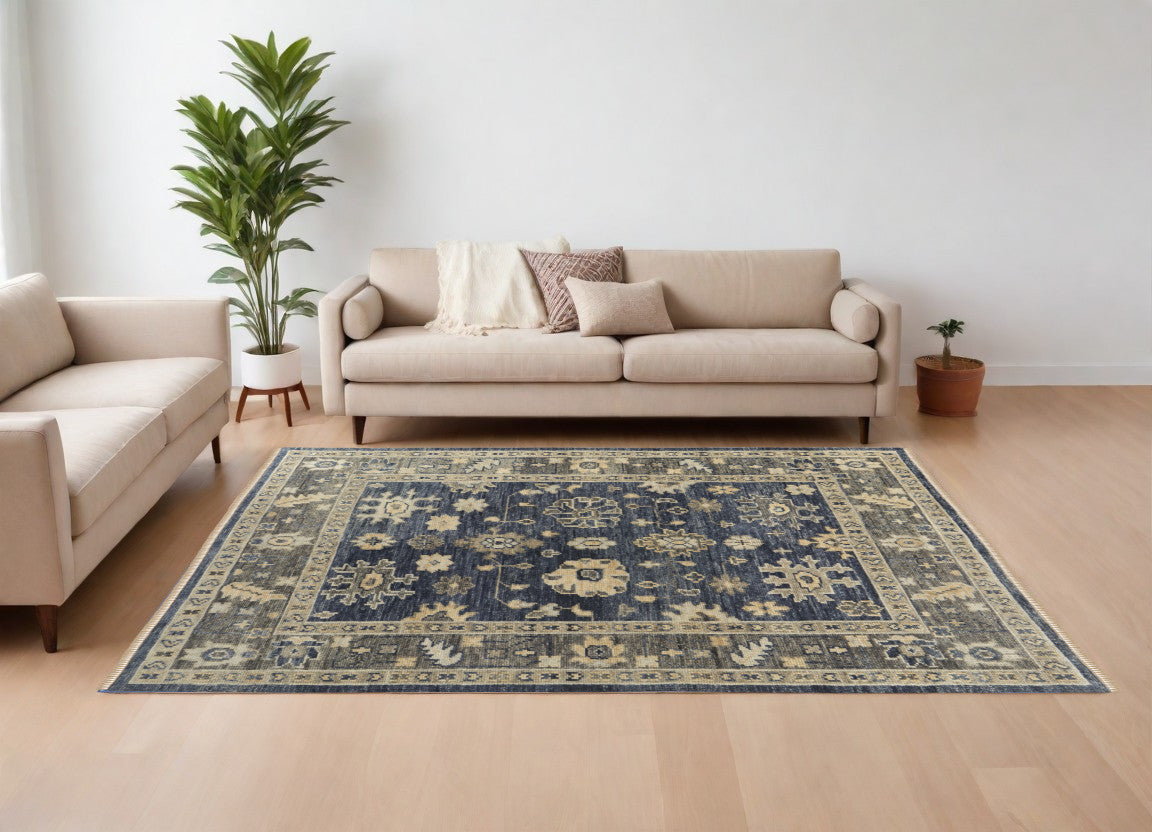 9 x 12 Blue & Gray Wool Floral Hand Knotted Rug With Fringe