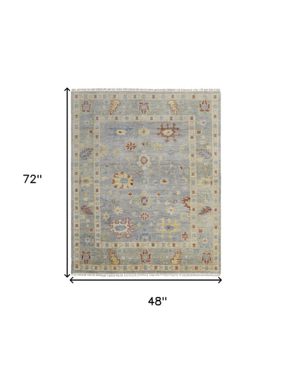 4 x 6 Light Blue & Taupe Wool Floral Hand Knotted Rug With Fringe