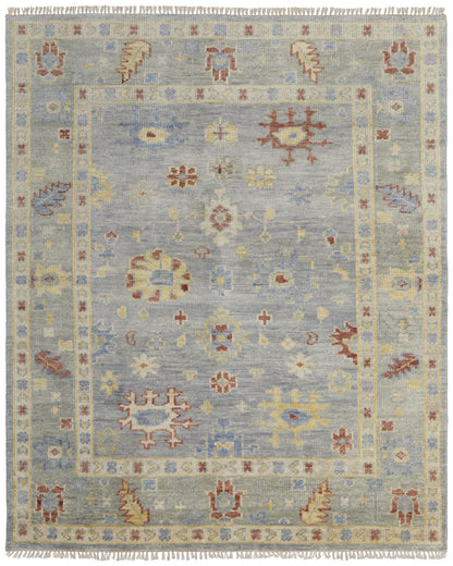 8 x 10 Light Blue & Taupe Wool Floral Hand Knotted Rug With Fringe
