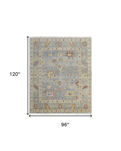 8 x 10 Light Blue & Taupe Wool Floral Hand Knotted Rug With Fringe