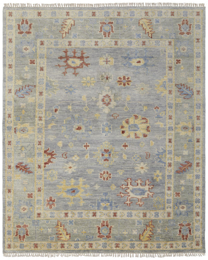 9 x 12 Light Blue & Taupe Wool Floral Hand Knotted Rug With Fringe