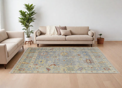 9 x 12 Light Blue & Taupe Wool Floral Hand Knotted Rug With Fringe