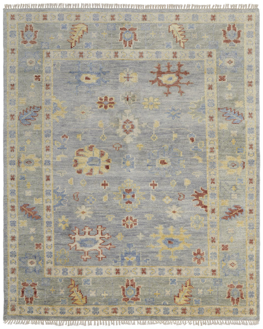 9 x 12 Light Blue & Taupe Wool Floral Hand Knotted Rug With Fringe