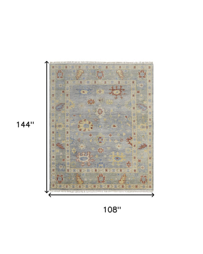 9 x 12 Light Blue & Taupe Wool Floral Hand Knotted Rug With Fringe