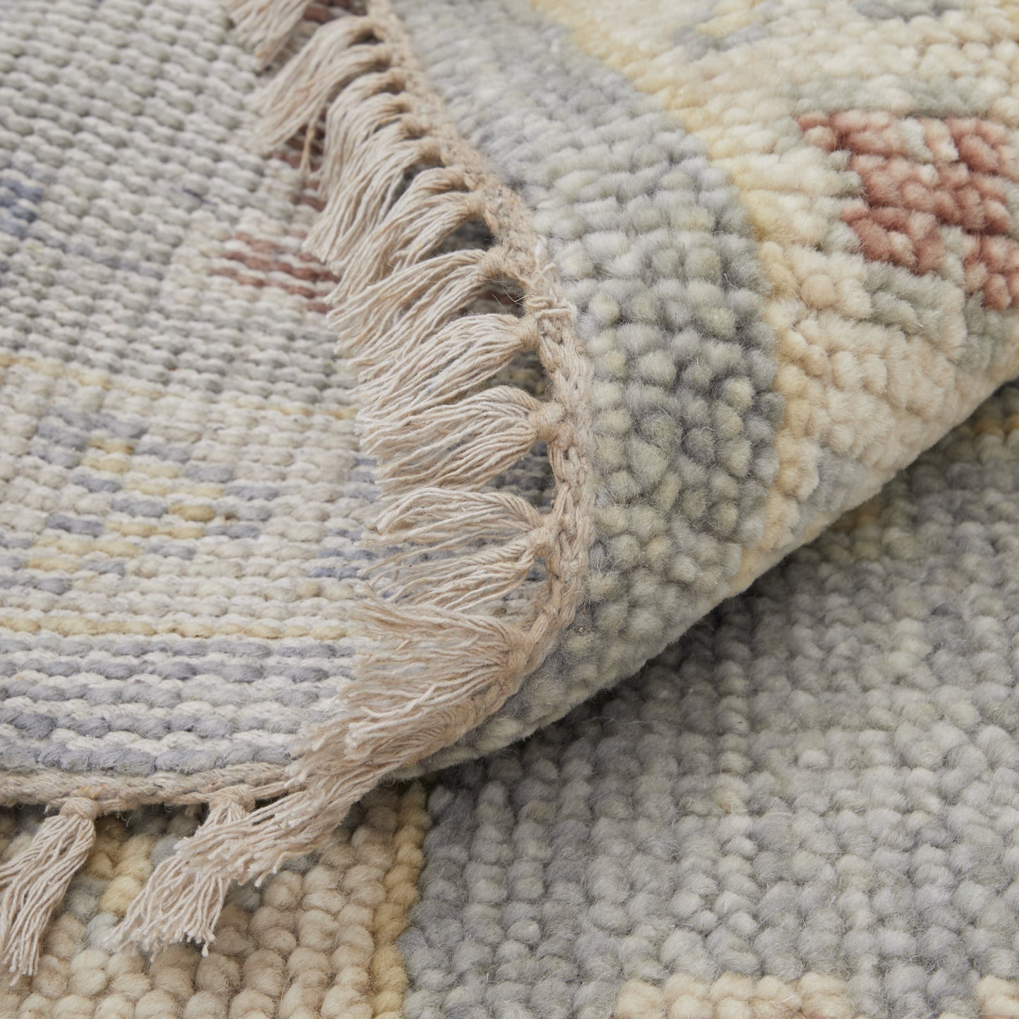 12 x 15 Light Blue & Taupe Wool Floral Hand Knotted Rug With Fringe