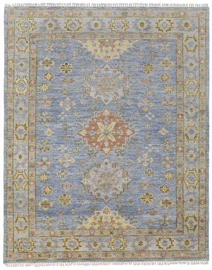 8 x 10 Green Blue & Yellow Wool Geometric Hand Knotted Rug With Fringe