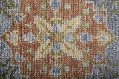 8 x 10 Green Blue & Yellow Wool Geometric Hand Knotted Rug With Fringe