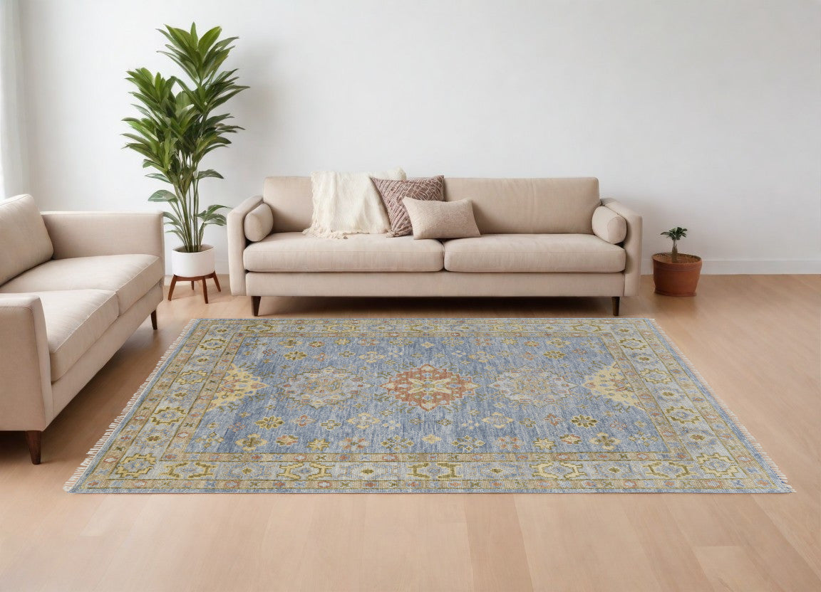 8 x 10 Green Blue & Yellow Wool Geometric Hand Knotted Rug With Fringe
