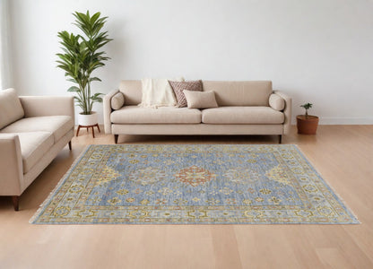 8 x 10 Green Blue & Yellow Wool Geometric Hand Knotted Rug With Fringe