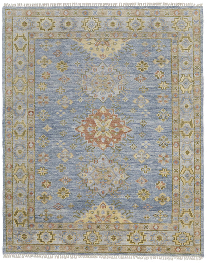 8 x 10 Green Blue & Yellow Wool Geometric Hand Knotted Rug With Fringe