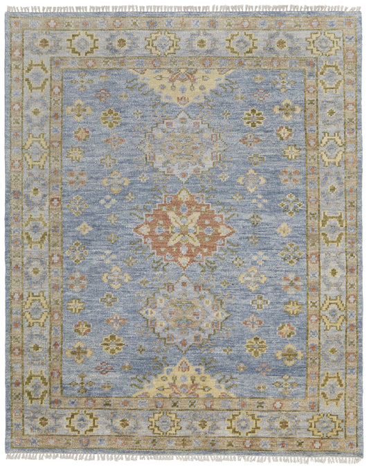 8 x 10 Green Blue & Yellow Wool Geometric Hand Knotted Rug With Fringe