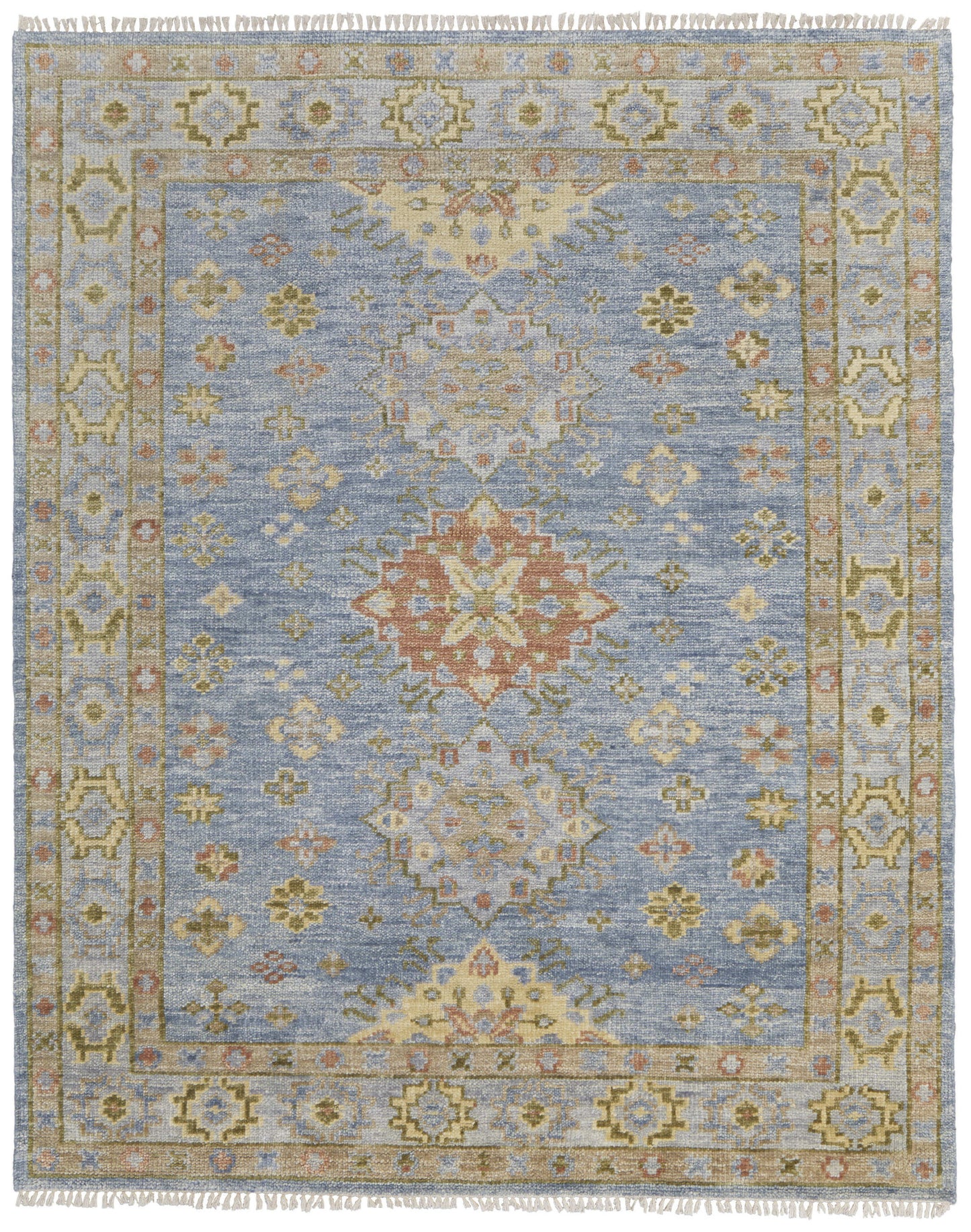 8 x 10 Green Blue & Yellow Wool Geometric Hand Knotted Rug With Fringe