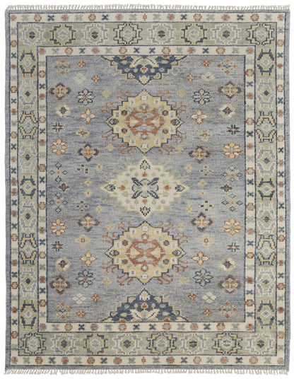 8 x 10 Gray Blue & Taupe Wool Geometric Hand Knotted Rug With Fringe