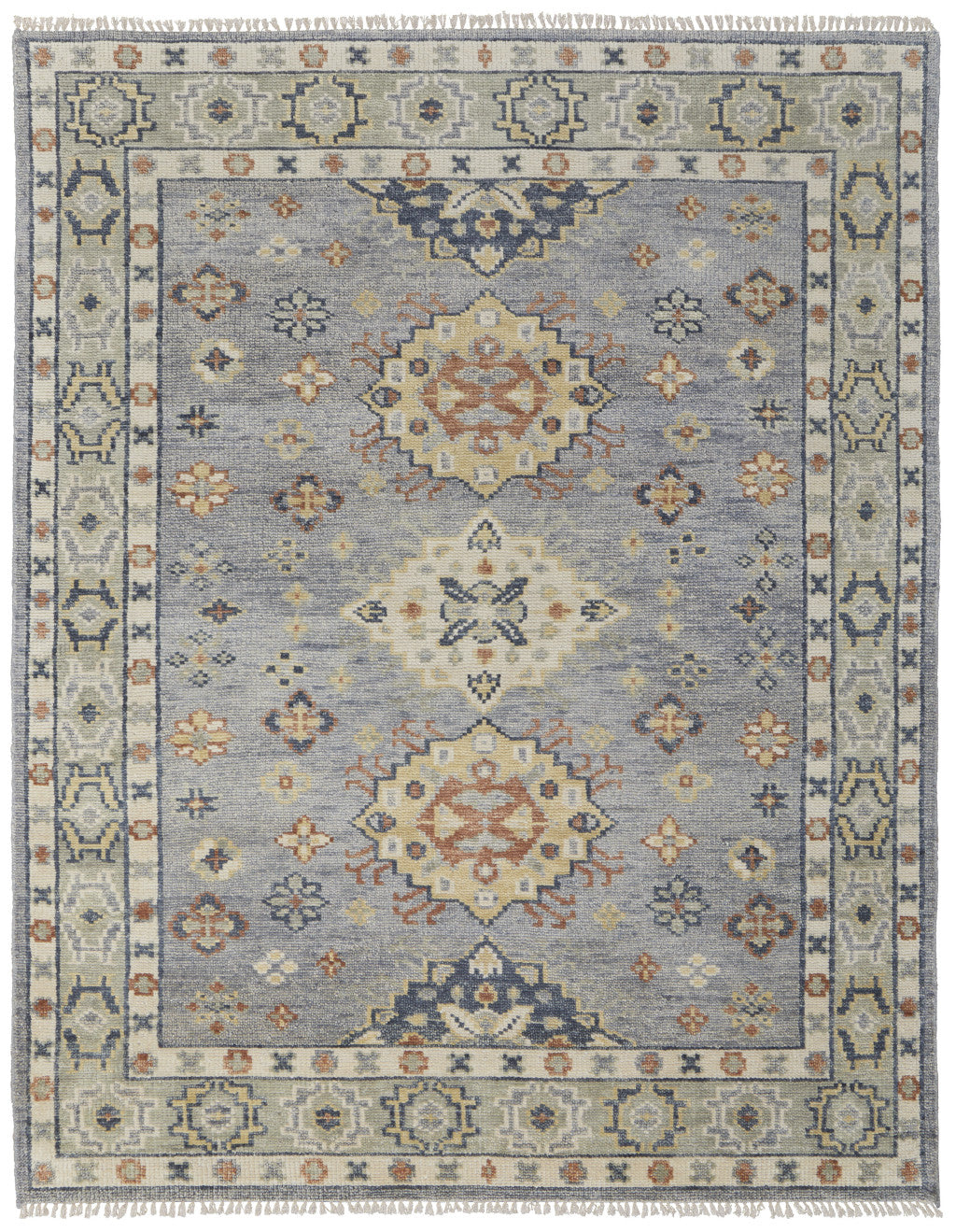 8 x 10 Gray Blue & Taupe Wool Geometric Hand Knotted Rug With Fringe