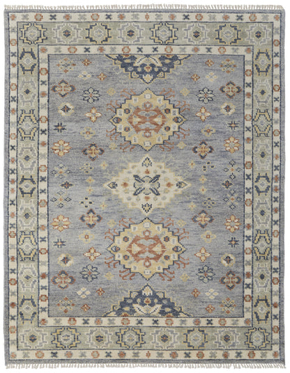8 x 10 Gray Blue & Taupe Wool Geometric Hand Knotted Rug With Fringe