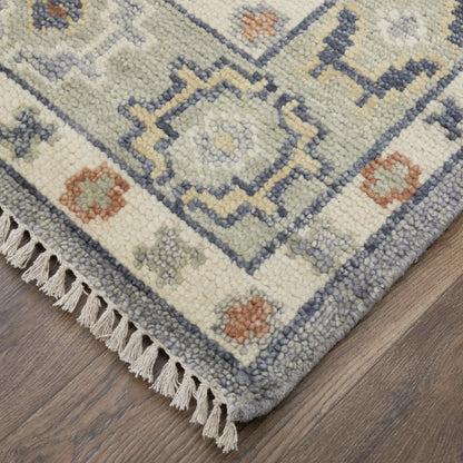 8 x 10 Gray Blue & Taupe Wool Geometric Hand Knotted Rug With Fringe