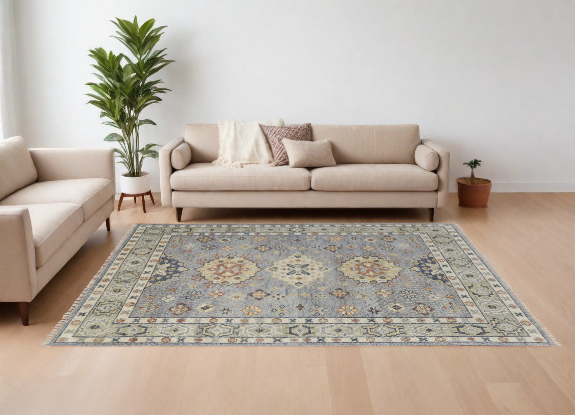 8 x 10 Gray Blue & Taupe Wool Geometric Hand Knotted Rug With Fringe