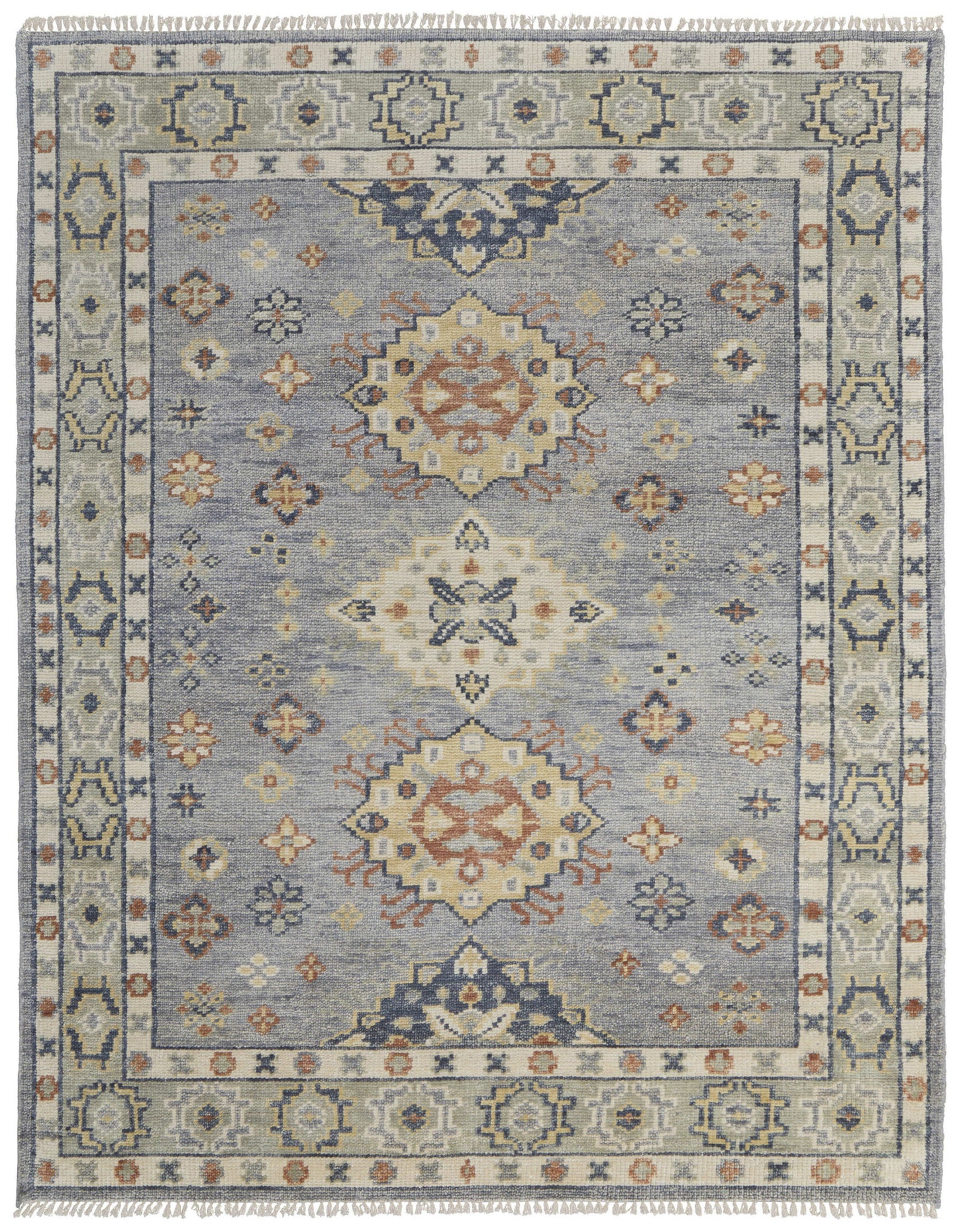 8 x 10 Gray Blue & Taupe Wool Geometric Hand Knotted Rug With Fringe