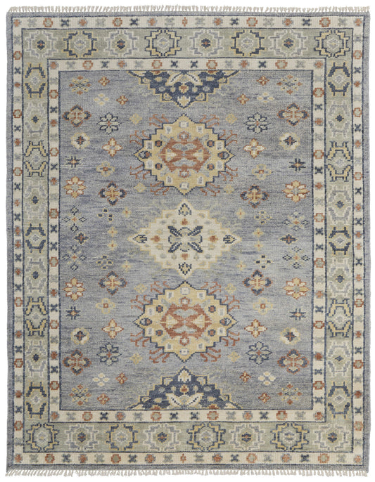 8 x 10 Gray Blue & Taupe Wool Geometric Hand Knotted Rug With Fringe