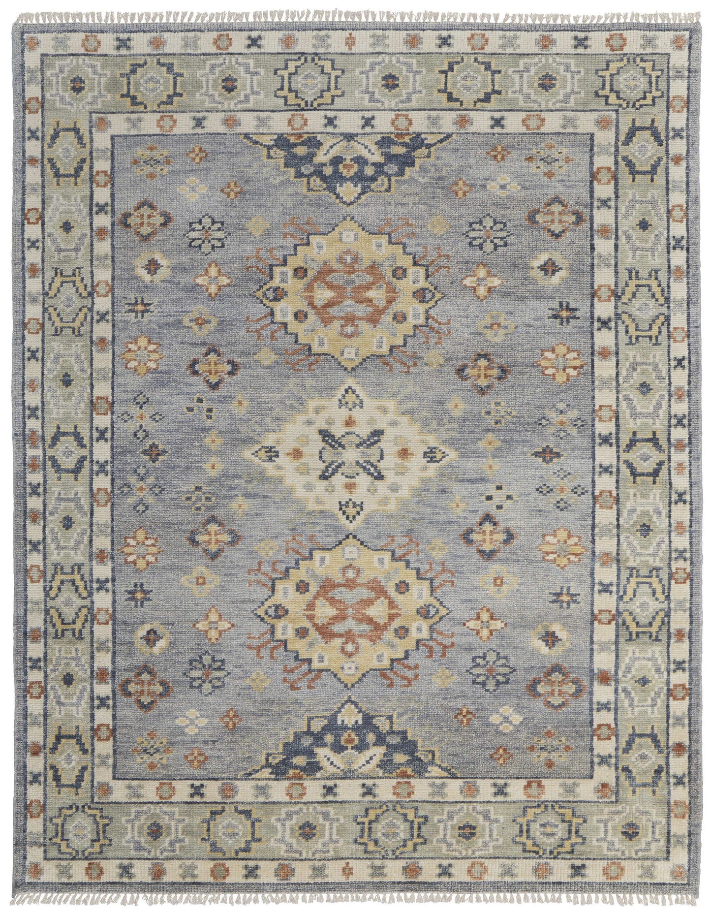9 x 12 Gray Blue & Taupe Wool Geometric Hand Knotted Rug With Fringe