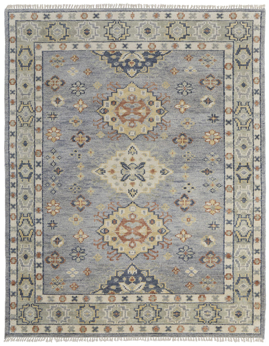 9 x 12 Gray Blue & Taupe Wool Geometric Hand Knotted Rug With Fringe