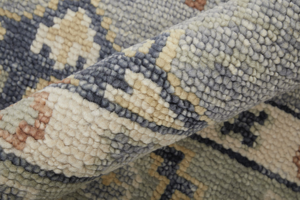 12 x 15 Gray Blue & Taupe Wool Geometric Hand Knotted Rug With Fringe