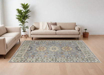 12 x 15 Gray Blue & Taupe Wool Geometric Hand Knotted Rug With Fringe