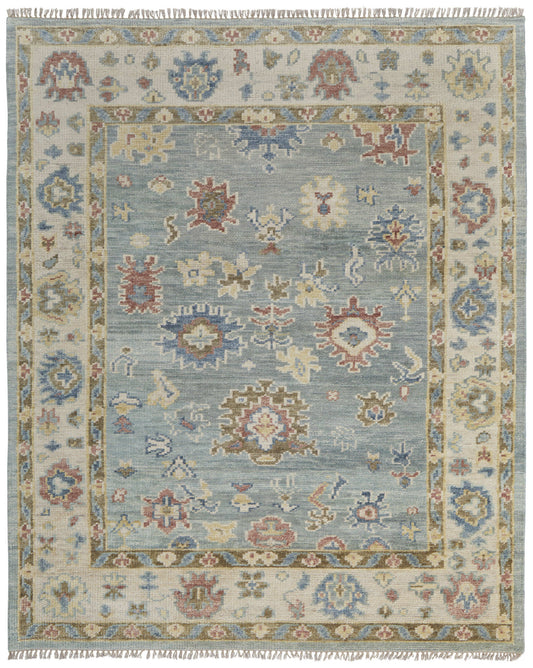 4 x 6 Blue Ivory & Yellow Wool Floral Hand Knotted Rug With Fringe