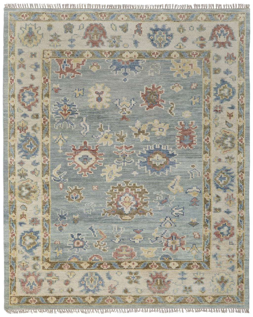 8 x 10 Blue Ivory & Yellow Wool Floral Hand Knotted Rug With Fringe