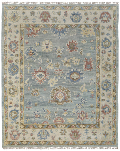 8 x 10 Blue Ivory & Yellow Wool Floral Hand Knotted Rug With Fringe