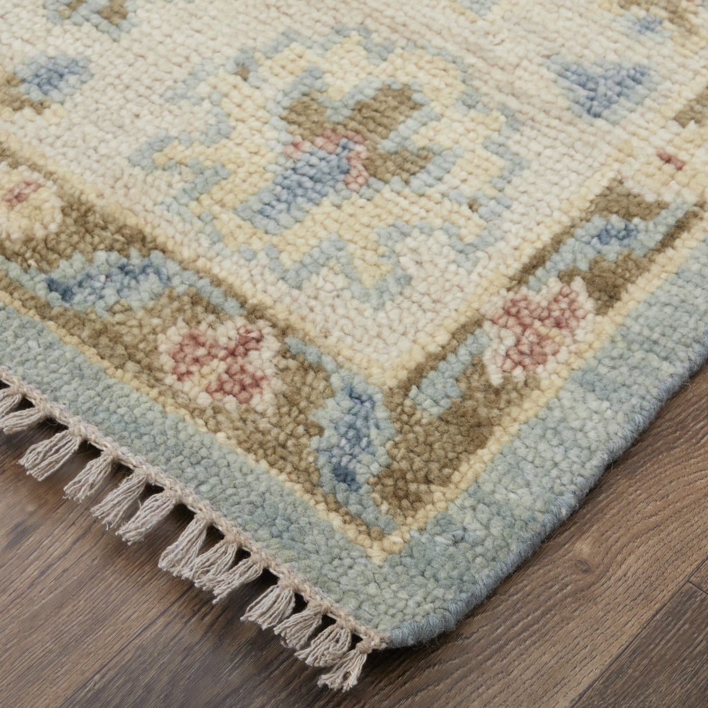 8 x 10 Blue Ivory & Yellow Wool Floral Hand Knotted Rug With Fringe