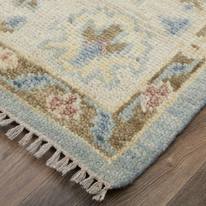 8 x 10 Blue Ivory & Yellow Wool Floral Hand Knotted Rug With Fringe