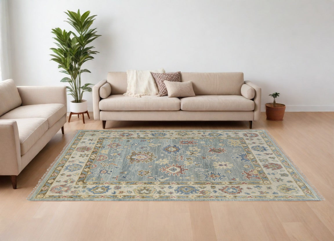 8 x 10 Blue Ivory & Yellow Wool Floral Hand Knotted Rug With Fringe