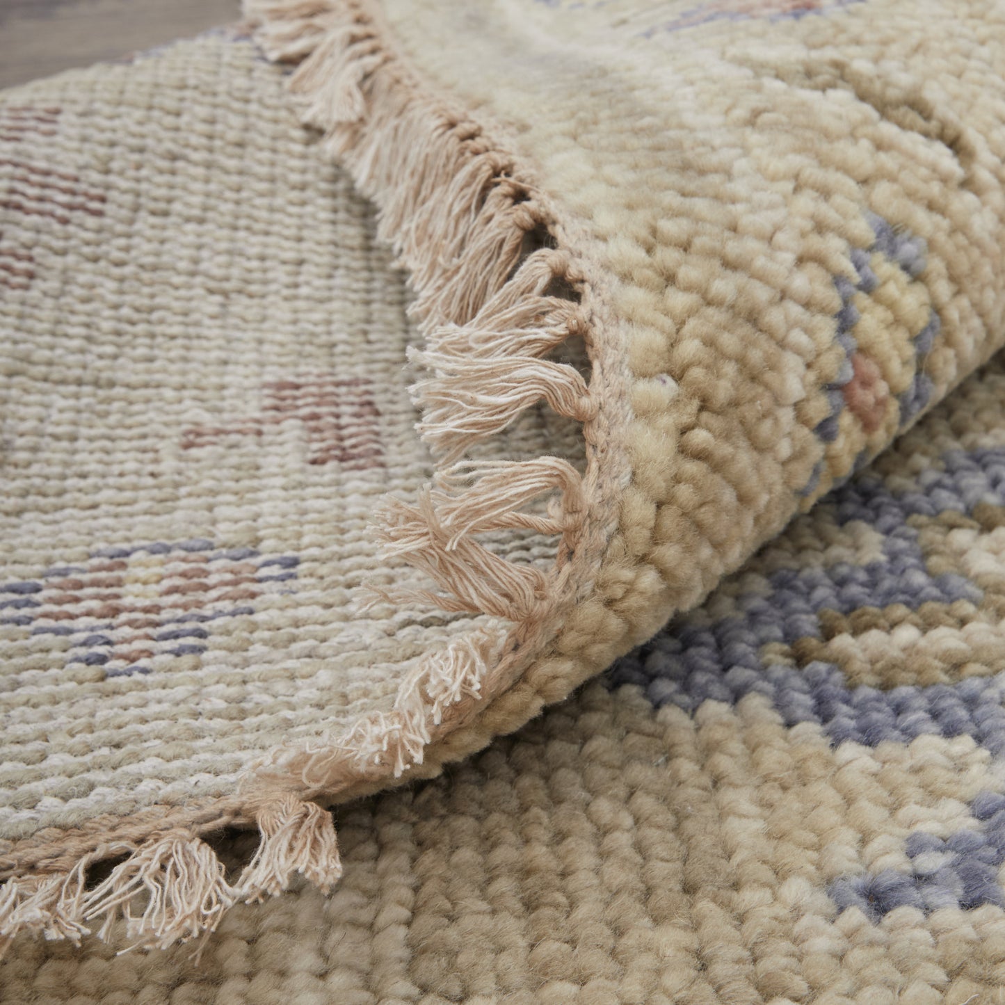 4 x 6 Tan Brown & Blue Wool Floral Hand Knotted Rug With Fringe