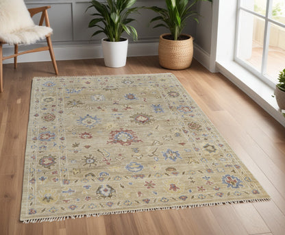 4 x 6 Tan Brown & Blue Wool Floral Hand Knotted Rug With Fringe
