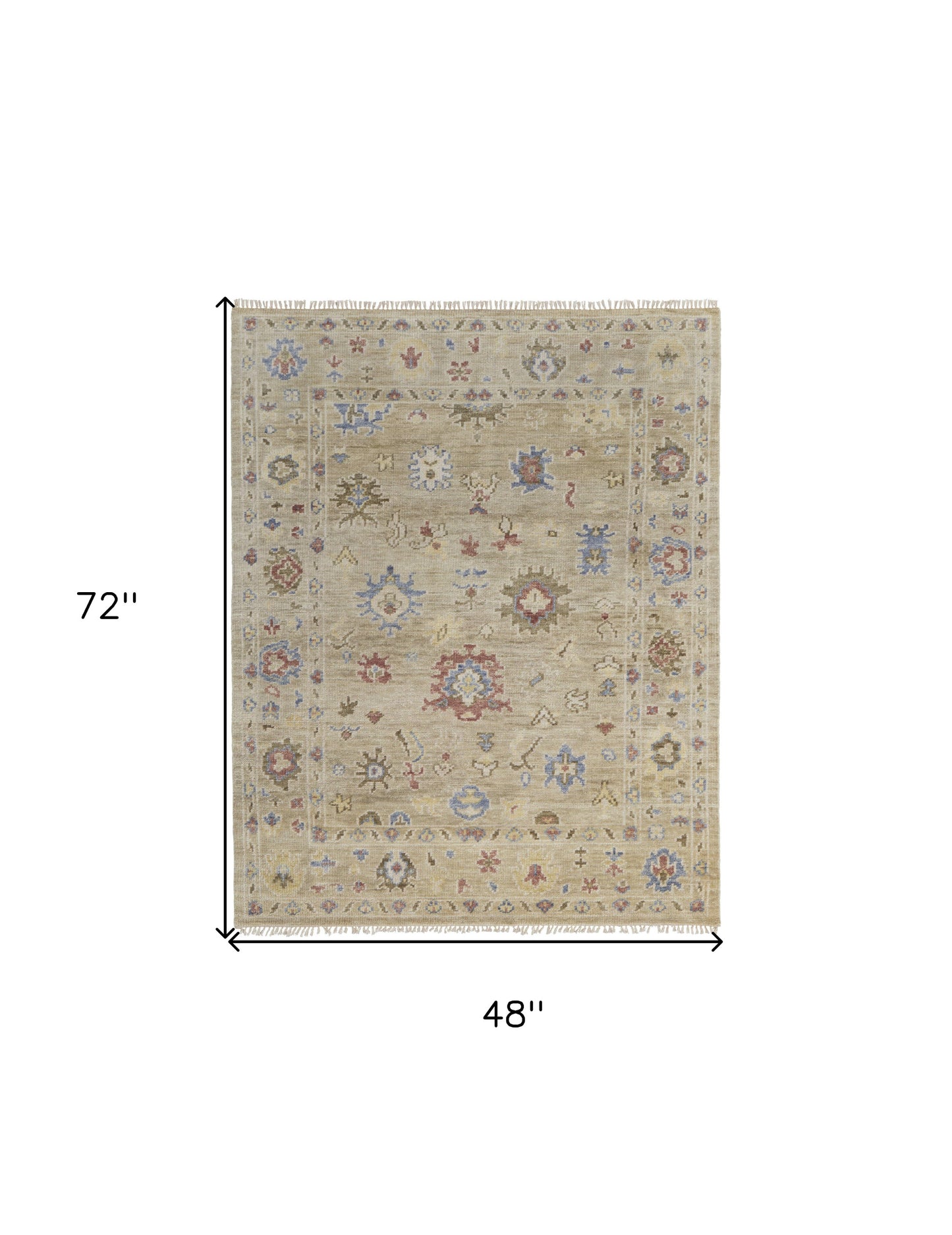 4 x 6 Tan Brown & Blue Wool Floral Hand Knotted Rug With Fringe