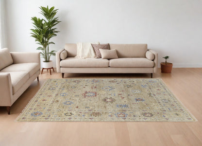 8 x 10 Tan Brown & Blue Wool Floral Hand Knotted Rug With Fringe