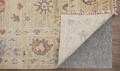 8 x 10 Tan Brown & Blue Wool Floral Hand Knotted Rug With Fringe