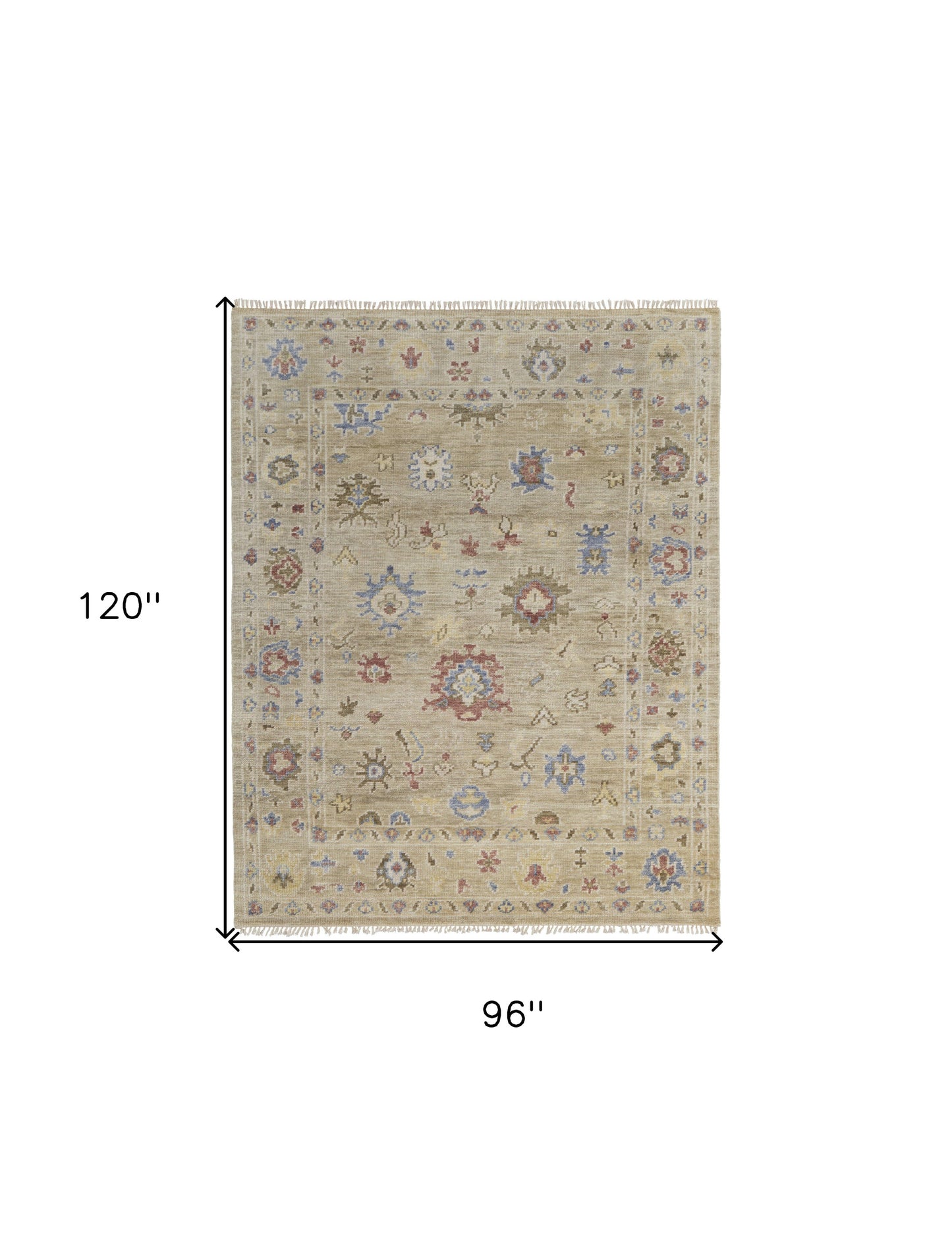 8 x 10 Tan Brown & Blue Wool Floral Hand Knotted Rug With Fringe