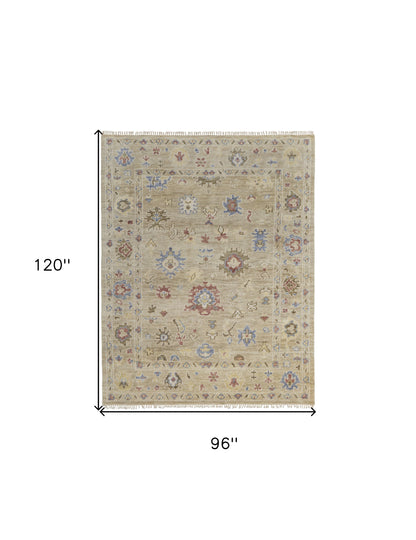 8 x 10 Tan Brown & Blue Wool Floral Hand Knotted Rug With Fringe