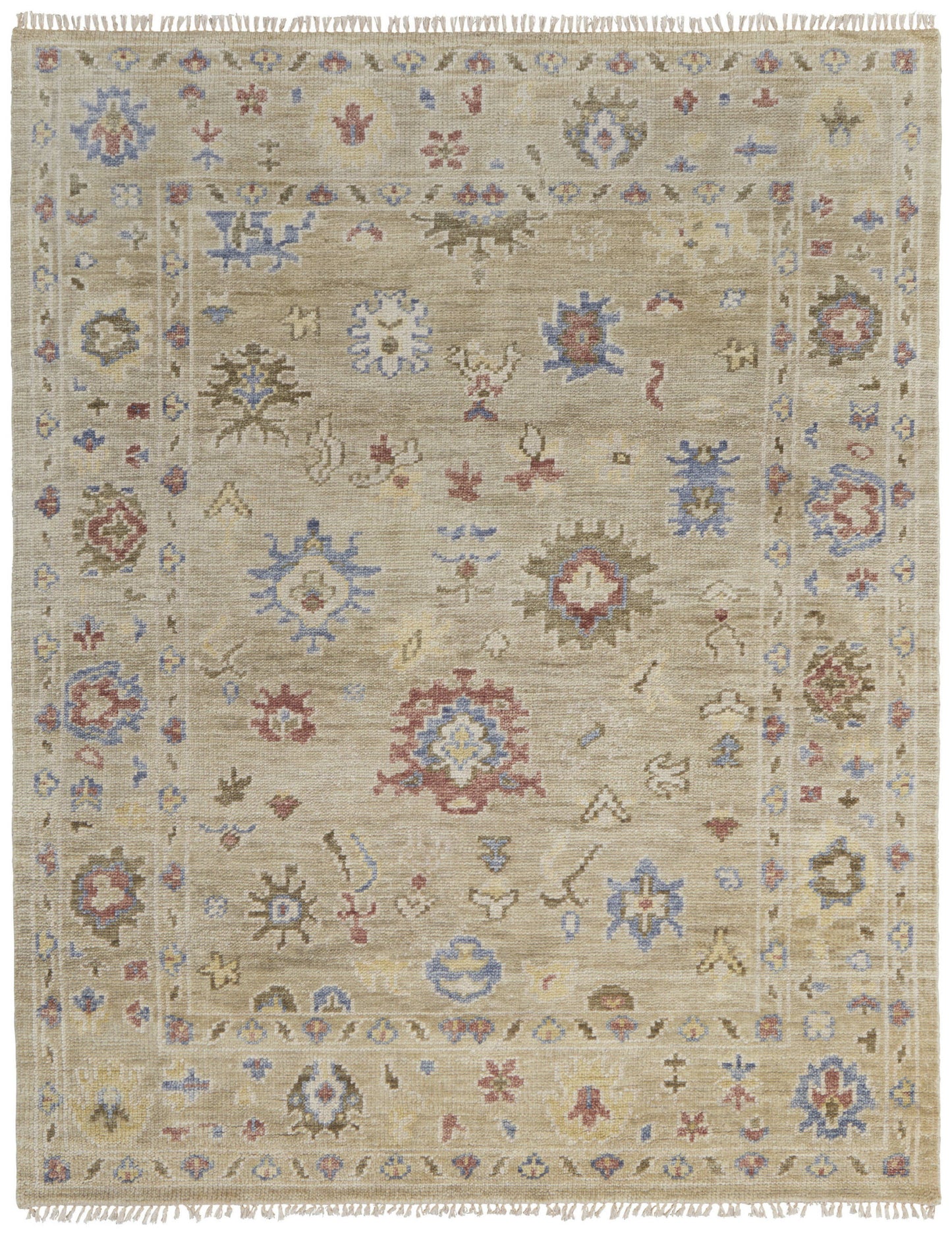 9 x 12 Tan Brown & Blue Wool Floral Hand Knotted Rug With Fringe