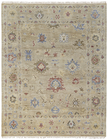 9 x 12 Tan Brown & Blue Wool Floral Hand Knotted Rug With Fringe